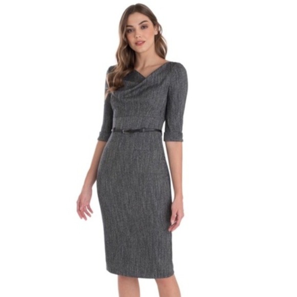 Black Halo Dress Jackie O Tweed Sheath Dress 3/4 Sleeve Belted Dress Gray Size 0 - Picture 1 of 8